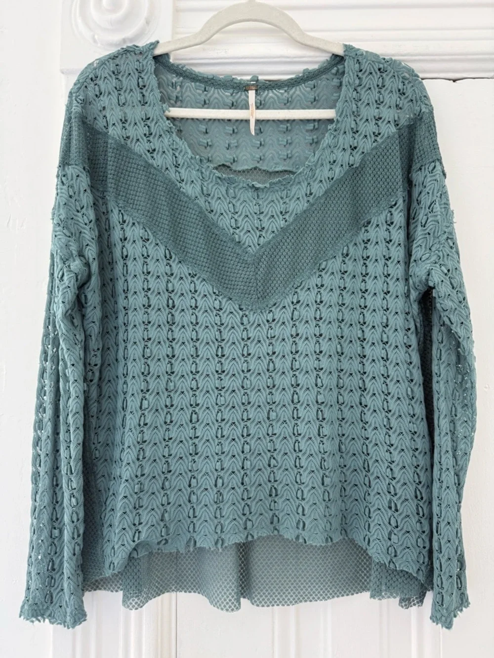 Free People Teal Mesh and Lace Knit Long Sleeve Top